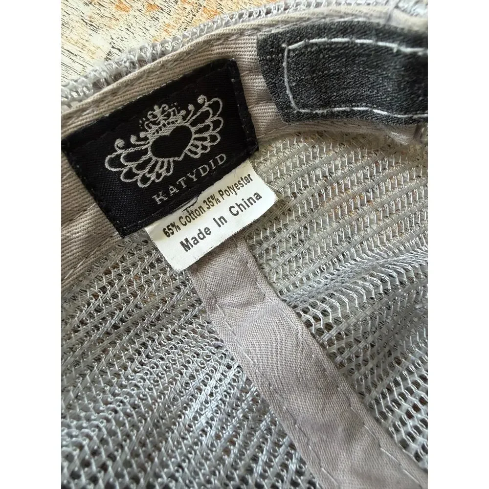 Katydid Gray Distressed Y2K Pink Rhinestone Embellished Cross Baseball Cap